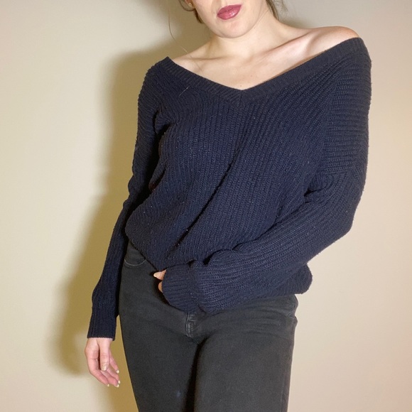 Sweaters - Navy Blue Off the Shoulder Sweater